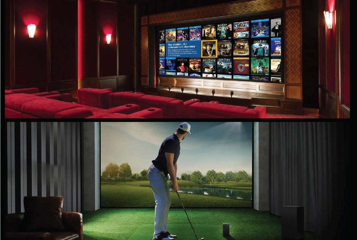 Two-panel image: a luxury cinema with red seats and a large screen displaying movie posters; below, a man practicing golf indoors on a simulator green.
