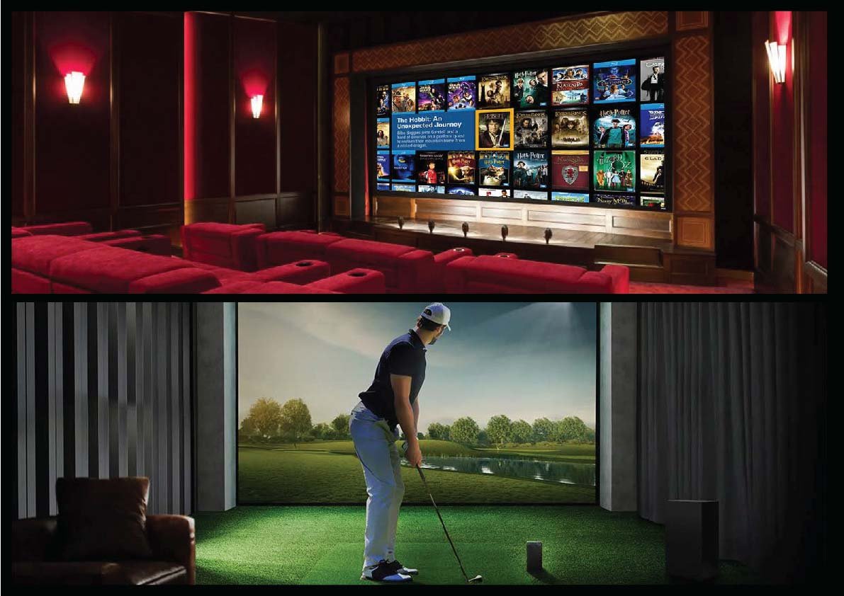 43d0c606-8d20-4350-a619-4f38c124884d Two-panel image: a luxury cinema with red seats and a large screen displaying movie posters; below, a man practicing golf indoors on a simulator green.