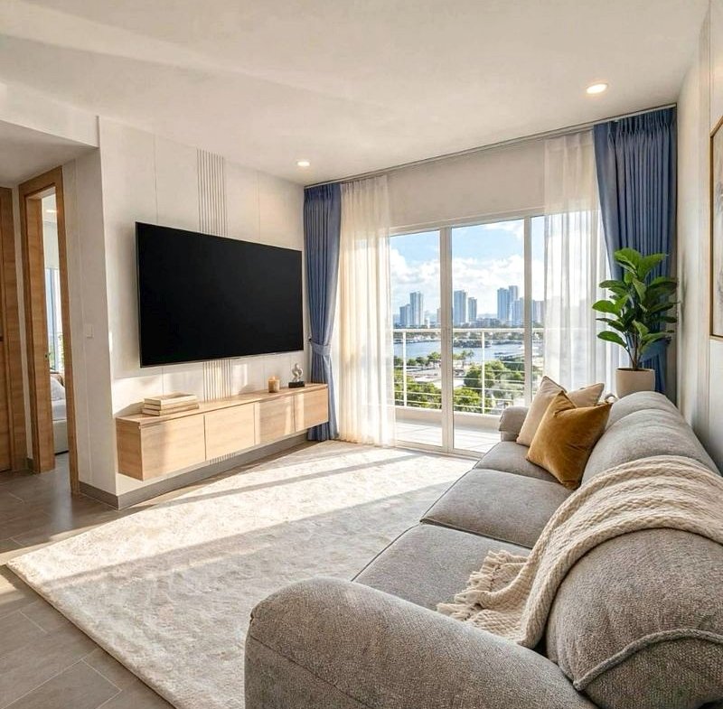 Living room with a wall-mounted TV, light wood console, and a gray sofa facing large glass doors that open to a city view.