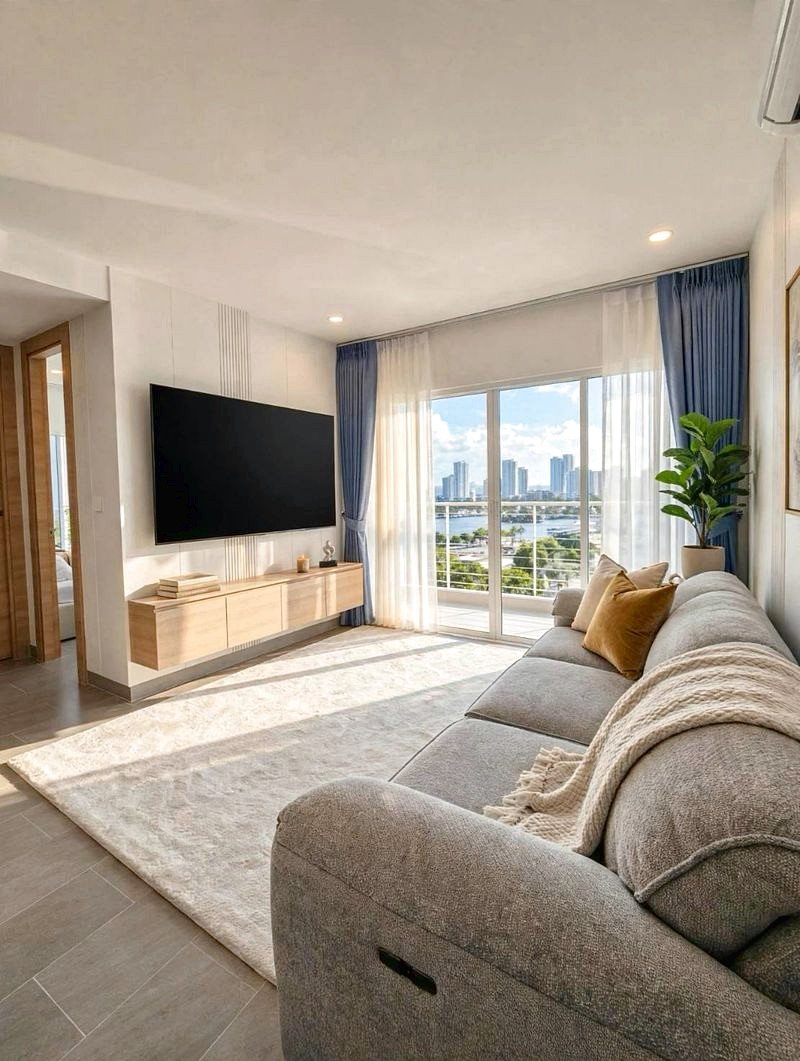 Living room with a wall-mounted TV, light wood console, and a gray sofa facing large glass doors that open to a city view.
