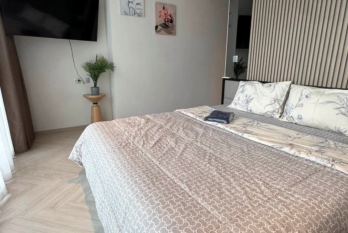 A bedroom with a large bed covered in a gray geometric duvet, a slatted wooden headboard on the right, and a wall-mounted flat-screen TV on the left; a small plant on a wooden stand beside the TV and two framed botanical prints on the wall behind the bed.