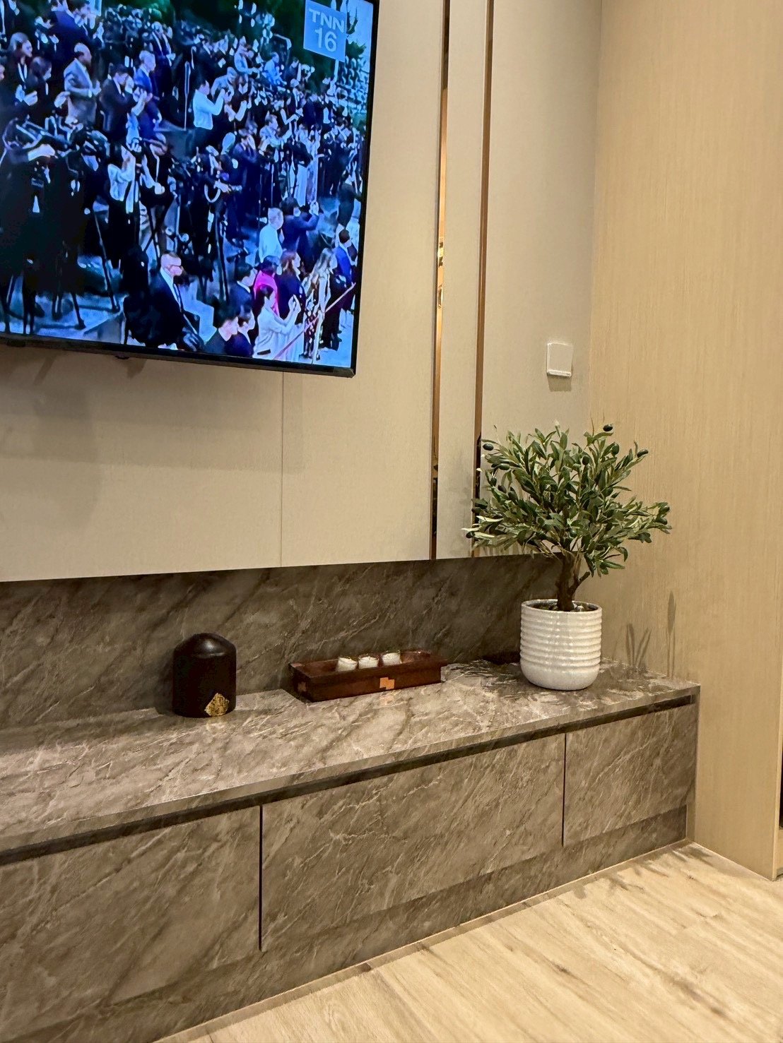 Arom_Wongamat_1005_29 TV mounted on a beige wall above a gray marble console with a potted plant and a small dark candle on the left, tray of items in the center.