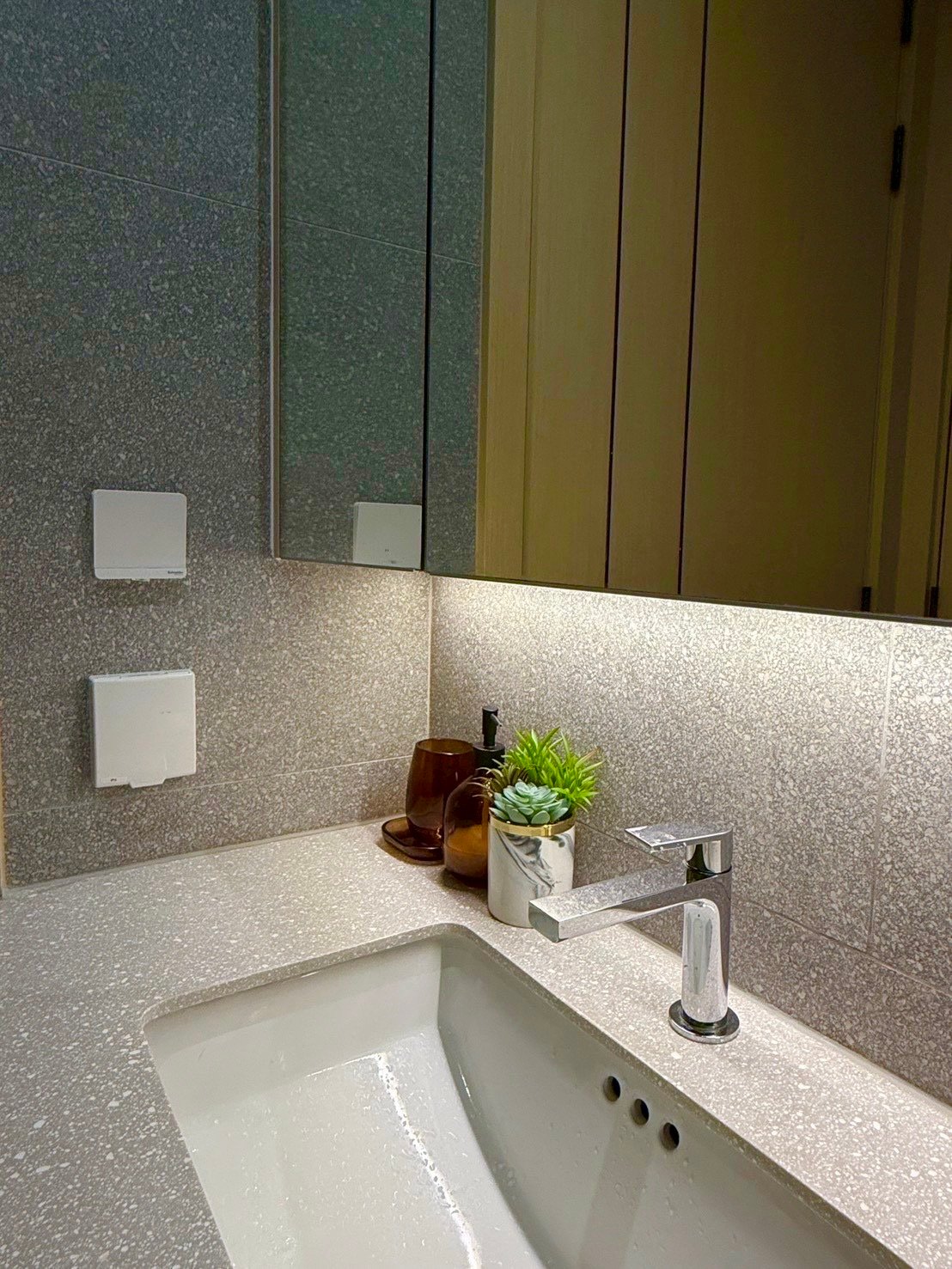Arom_Wongamat_1005_30 Modern bathroom vanity with a gray terrazzo countertop, undermount sink, and chrome faucet, plus a small succulent in a marble pot and brown glass bottles beside it.