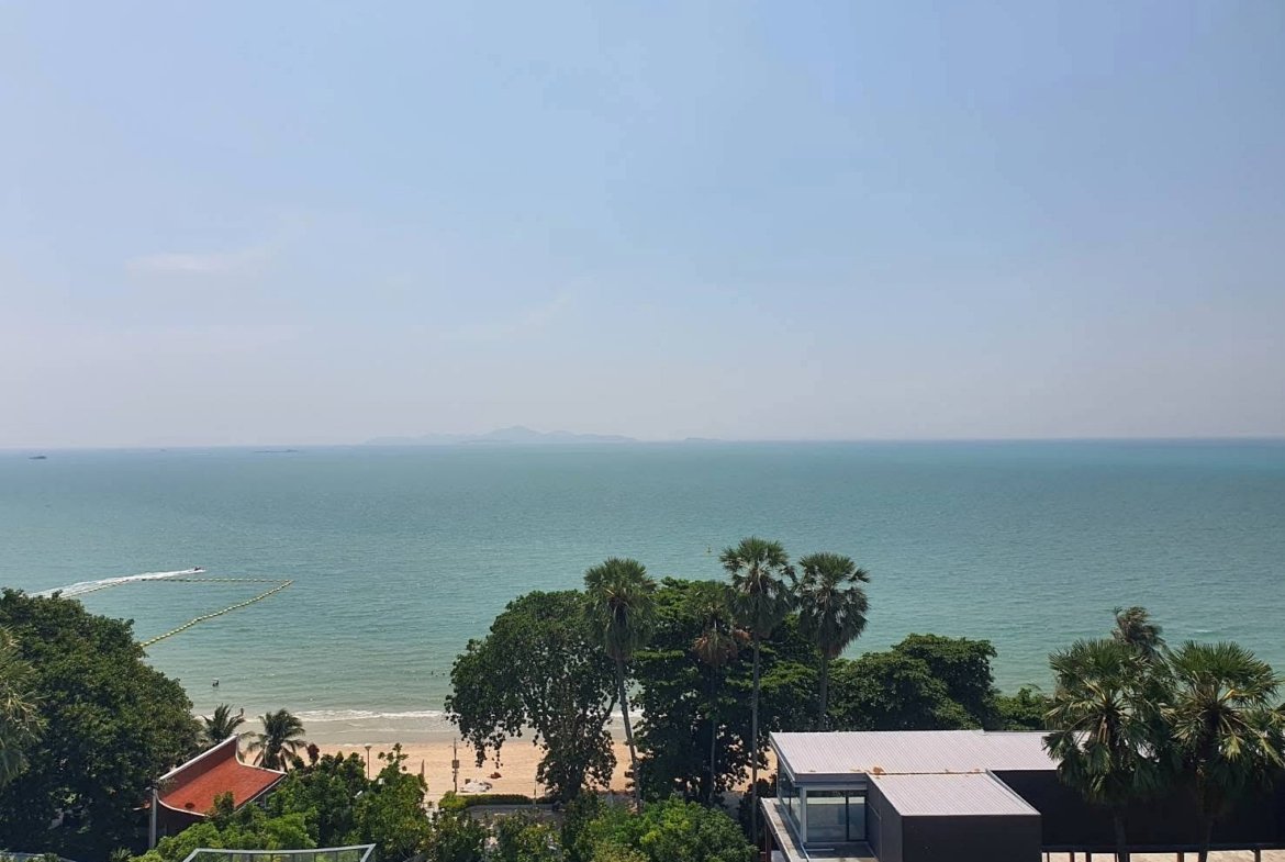 Coastal beachfront with palm trees, a sandy shore, and calm turquoise sea stretching to the horizon under a clear blue sky.