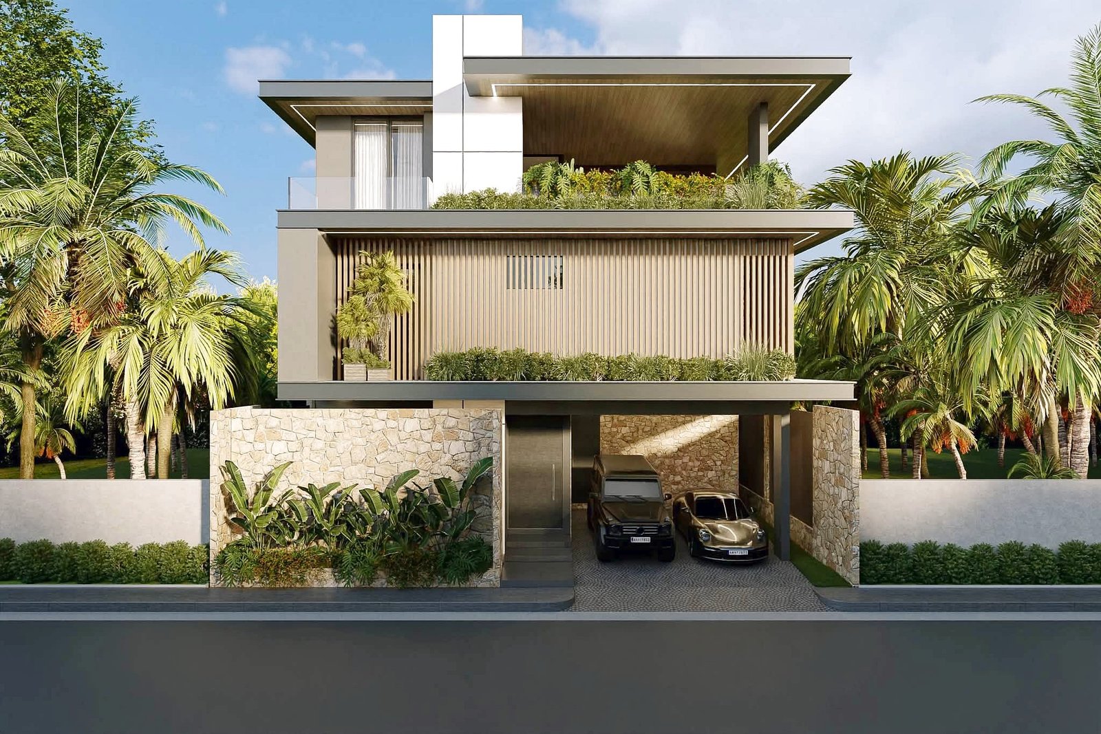 Astera_Villa_Pattaya Front view of a modern, three-story house with white and wood facade, glass balcony, and a two-car garage amid tropical landscaping.