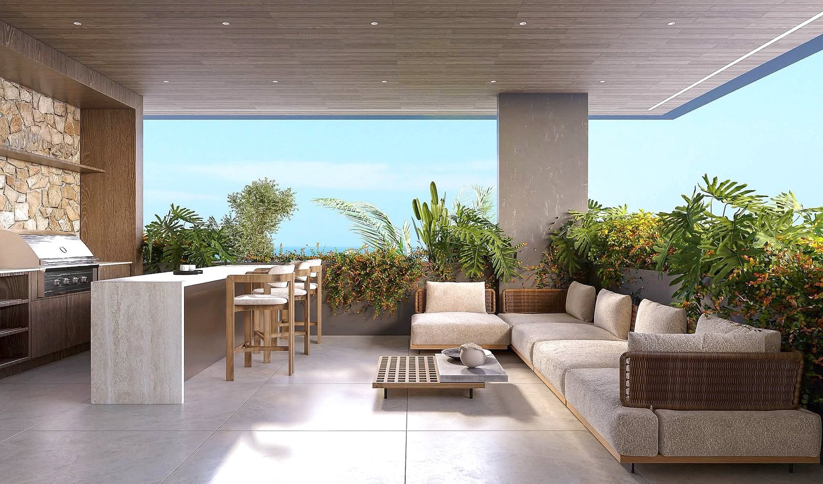 Astera_Villa_Pattaya_14 Outdoor living area with a built-in grill, bar counter, and beige sectional seating amid lush tropical plants and a wood-paneled ceiling.
