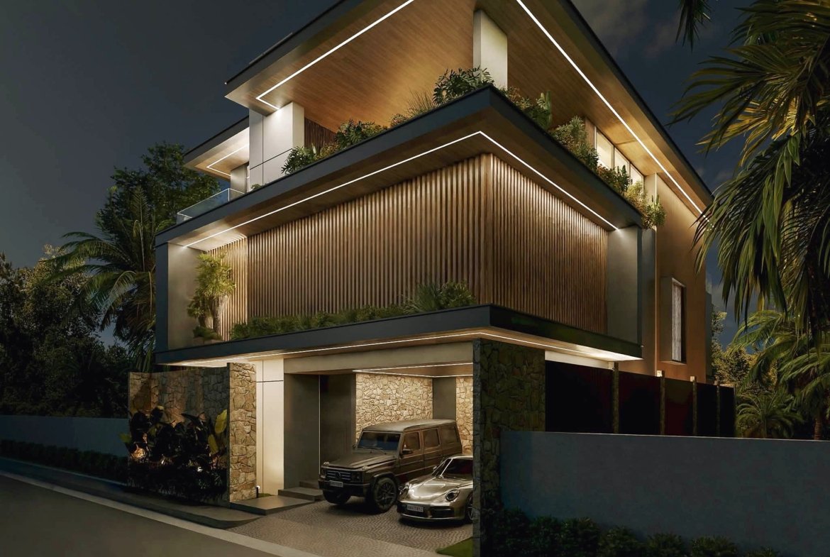 Evening view of a modern multi-story house with angular lines, wooden siding, planters, and edge lighting outlining the structure, with cars in the driveway.