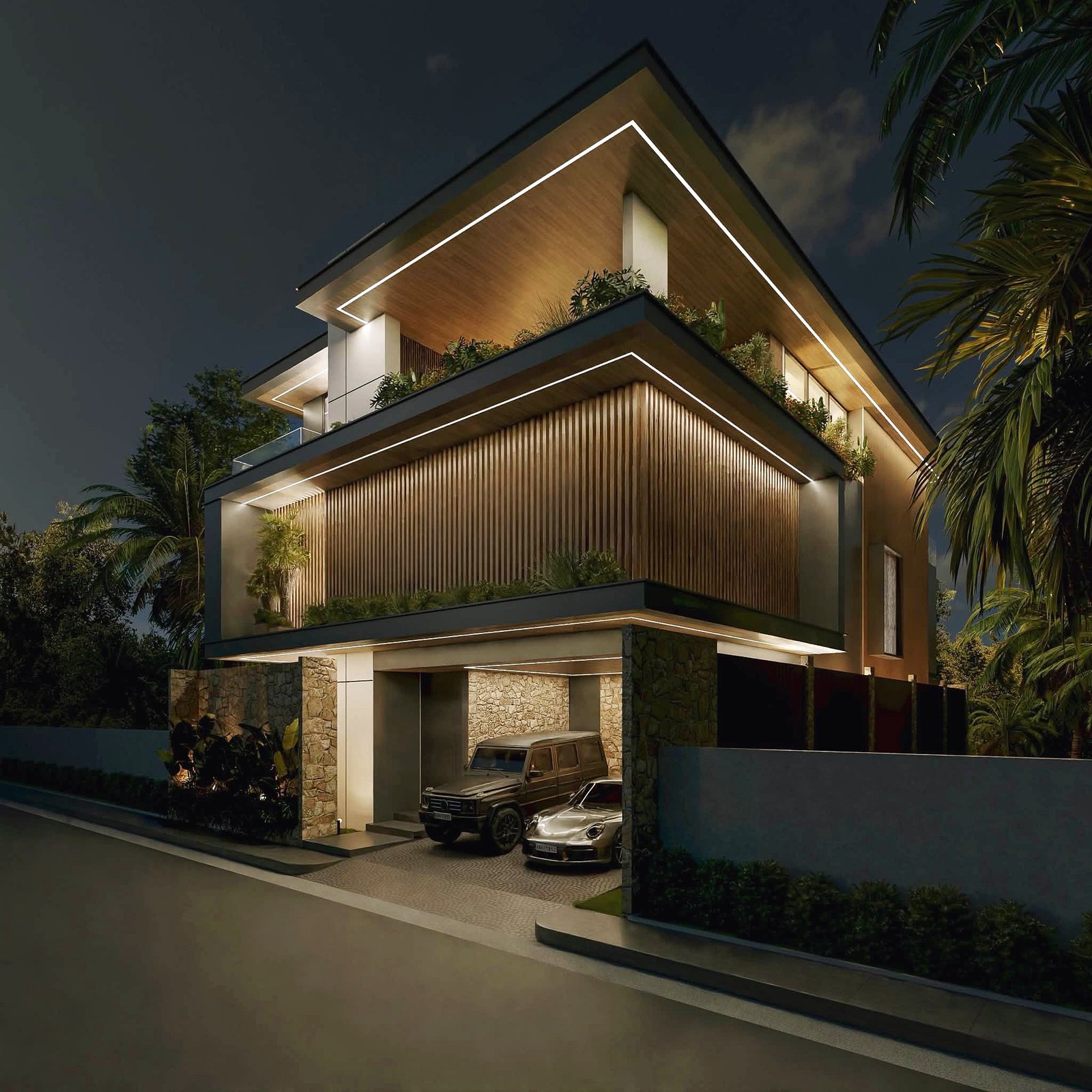 Astera_Villa_Pattaya_16 Evening view of a modern multi-story house with angular lines, wooden siding, planters, and edge lighting outlining the structure, with cars in the driveway.