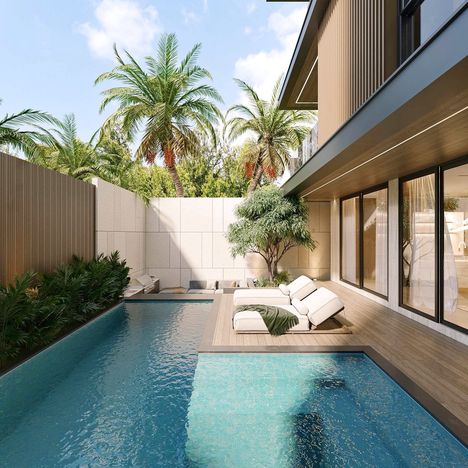 Astera_Villa_Pattaya_2 Modern courtyard with a rectangular pool, lounge chairs, tropical palm trees, and a contemporary glass-and-wood house exterior