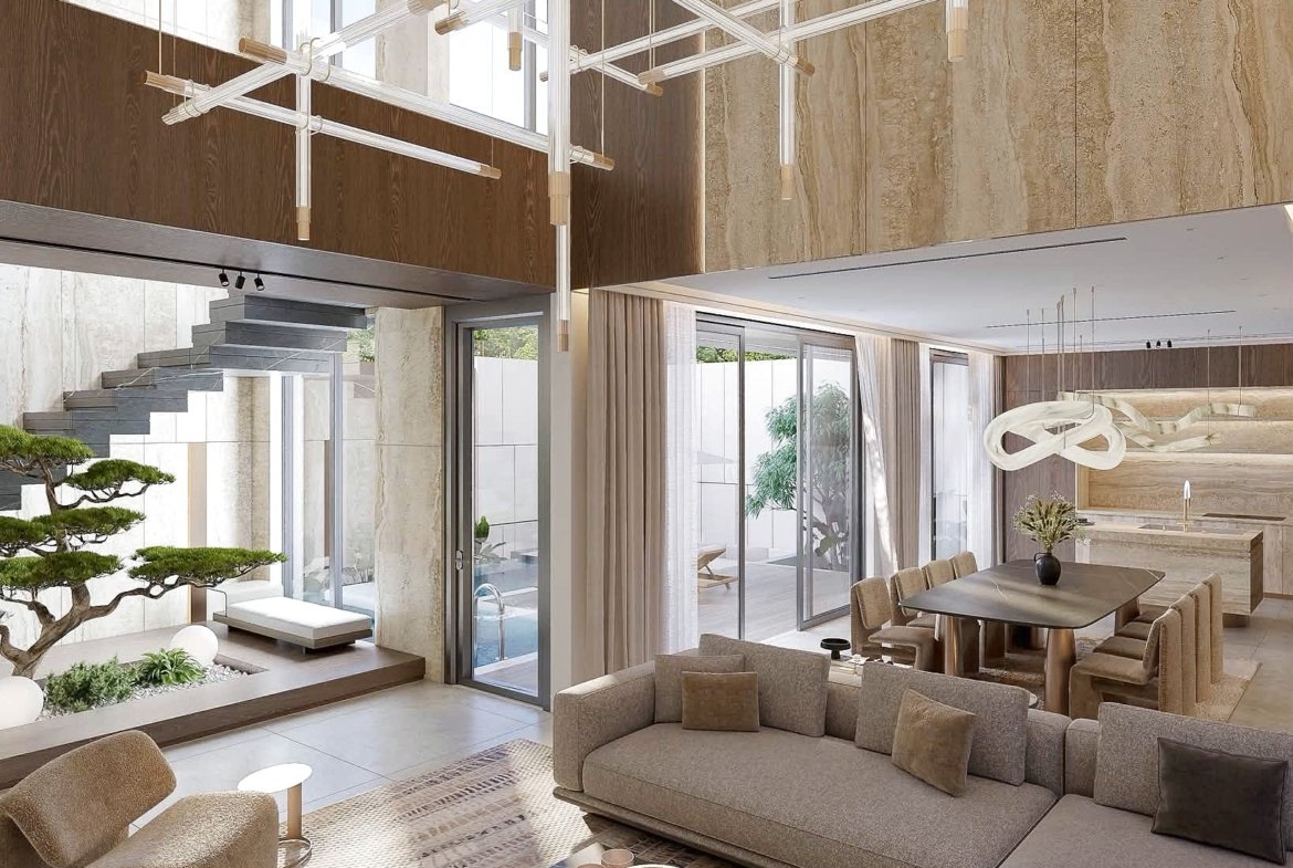 Open-concept living room with glass walls, a sculptural chandelier, and a glass-and-metal staircase centerpiece.