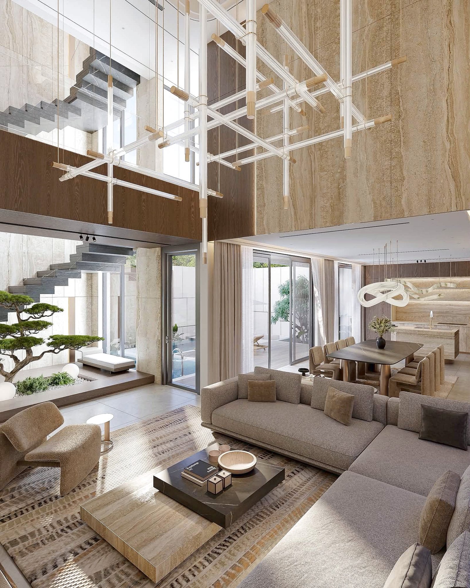 Astera_Villa_Pattaya_3 Open-concept living room with glass walls, a sculptural chandelier, and a glass-and-metal staircase centerpiece.