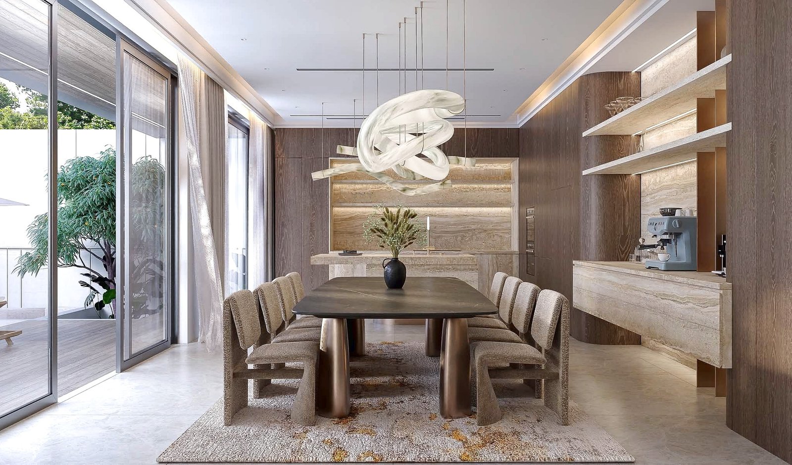 Astera_Villa_Pattaya_4 Contemporary dining room with a dark oval table, beige upholstered chairs, marble counters, and a sculptural white chandelier hanging overhead above a luxurious setting.