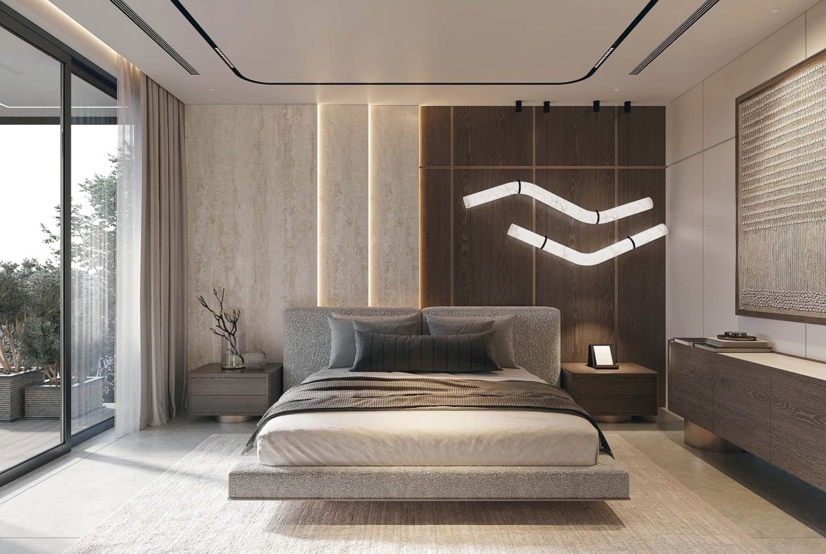 Modern bedroom with a low platform bed, neutral linens, and textured wall panels leading to a large window.](https://example.com)