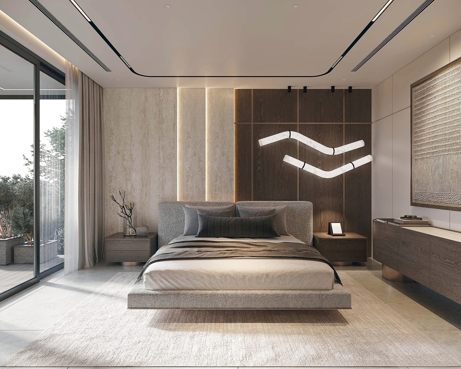 Modern bedroom with a low platform bed, neutral linens, and textured wall panels leading to a large window.](https://example.com)