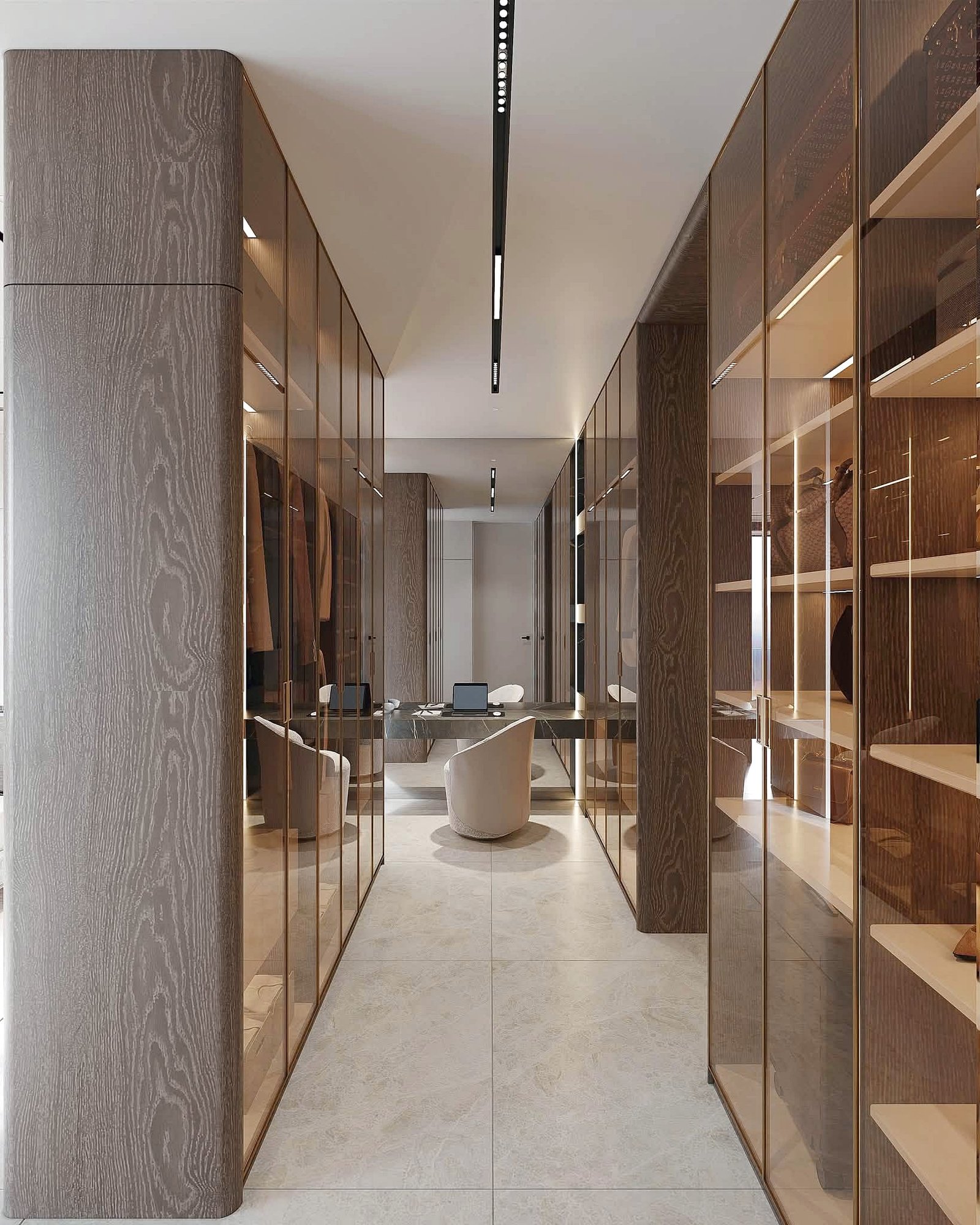 Astera_Villa_Pattaya_6 Symmetrical hallway in a modern office: tall wood-and-glass storage cabinets line both sides, a light-gray tiled floor, and seating visible at the far end.