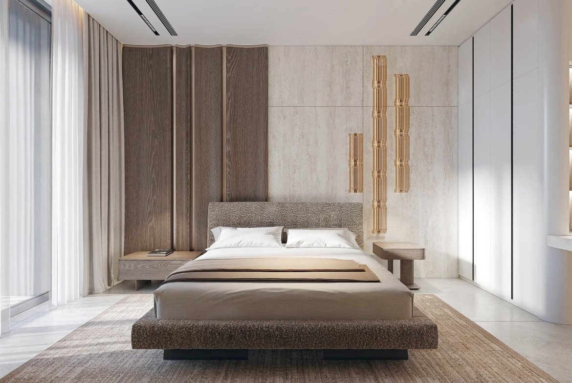 Modern bedroom with a low platform bed, beige bedding, textured rug, and floor-to-ceiling curtains in neutral tones.