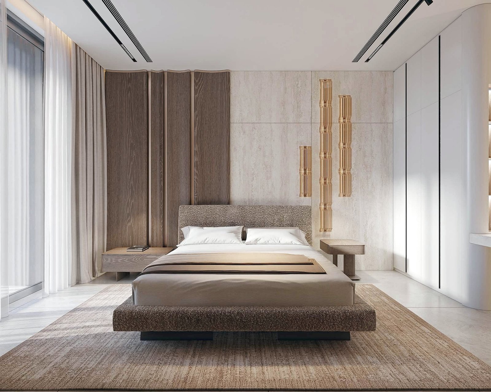 Astera_Villa_Pattaya_7 Modern bedroom with a low platform bed, beige bedding, textured rug, and floor-to-ceiling curtains in neutral tones.