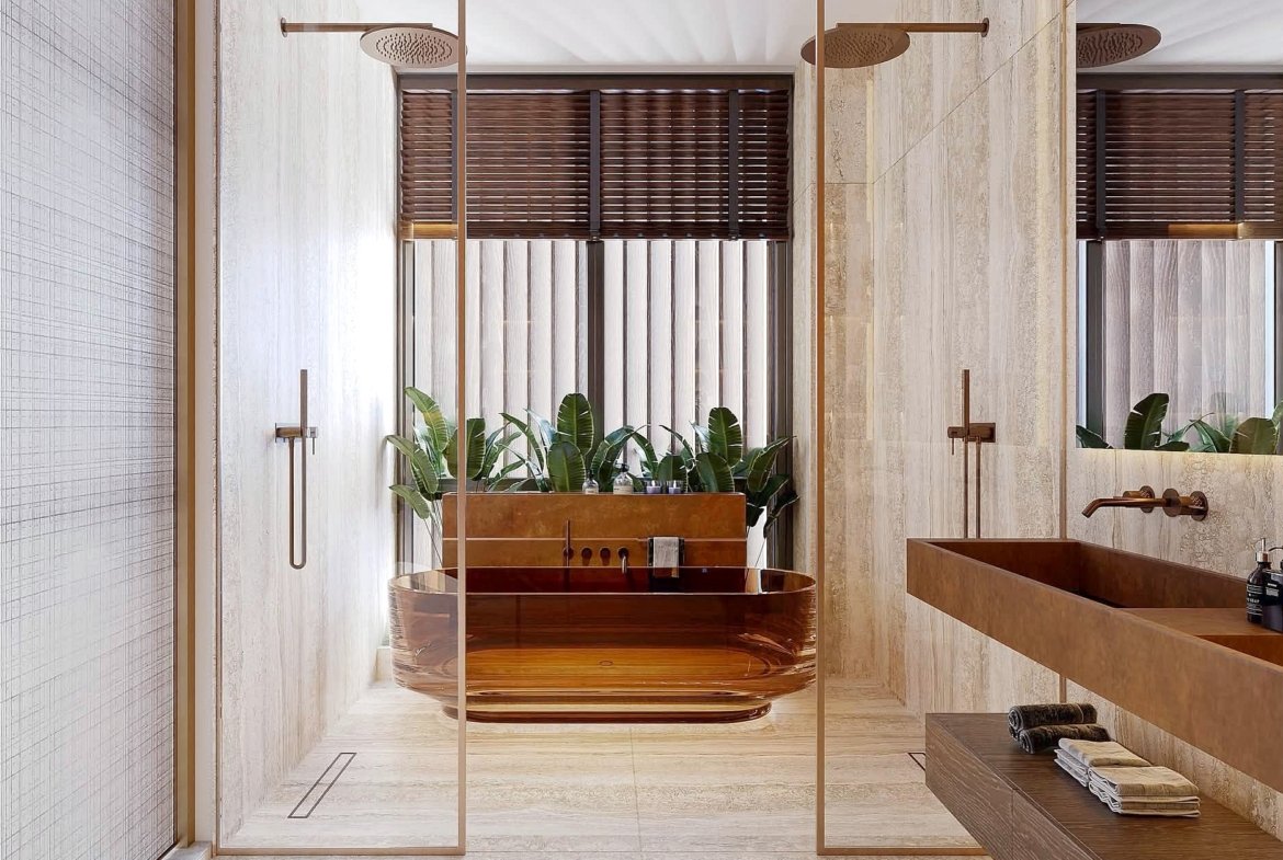Modern spa-style bathroom with marble walls, glass partitions, and copper fixtures; two rainfall showers and green plants for a luxurious, symmetrical look.