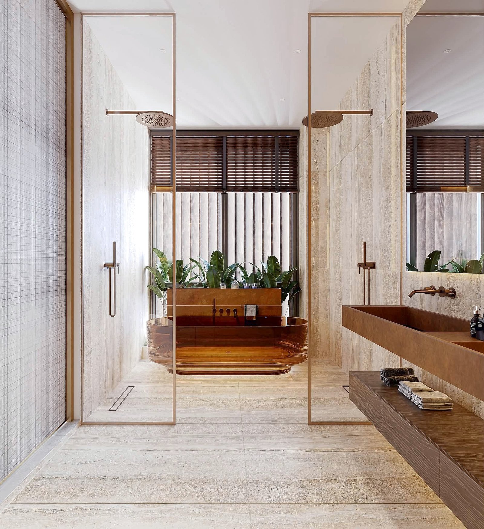Astera_Villa_Pattaya_8 Modern spa-style bathroom with marble walls, glass partitions, and copper fixtures; two rainfall showers and green plants for a luxurious, symmetrical look.
