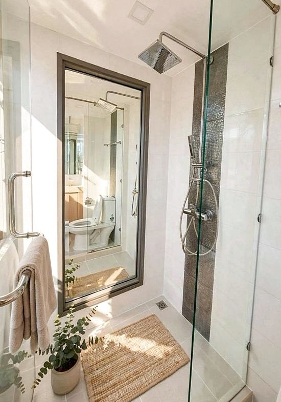 Glass-fronted shower with rainfall and handheld showerheads, white tiled walls, a beige bath mat, a potted plant, and a large mirror reflecting a nearby toilet.