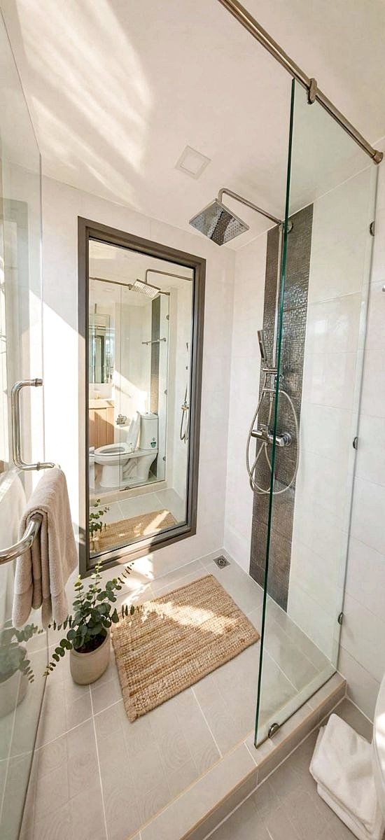 Glass-fronted shower with rainfall and handheld showerheads, white tiled walls, a beige bath mat, a potted plant, and a large mirror reflecting a nearby toilet.