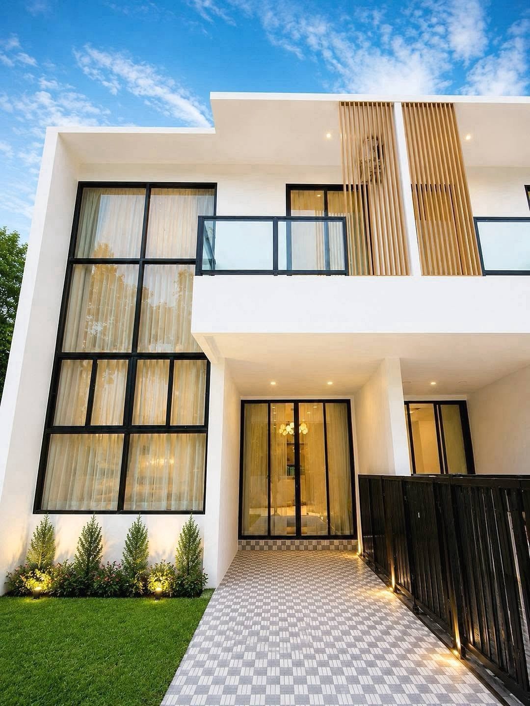 Deperfect_Village_a1_Rdl365 Modern white two-story home with large black-framed windows, a glass balcony, and a tiled entry path under a blue sky.