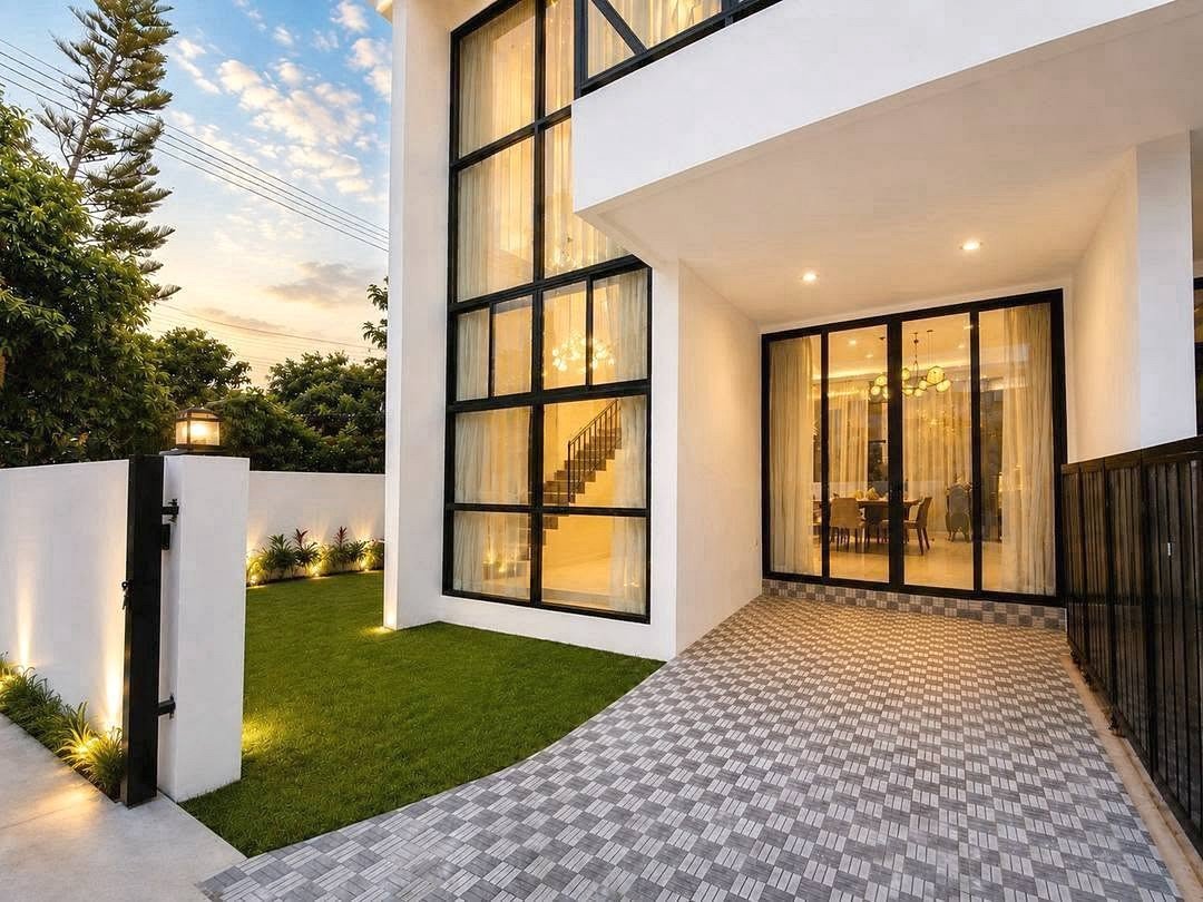 Deperfect_Village_a1_Rdl365_2 Modern white house with large black-framed glass doors and a tiled entry, illuminated at dusk.