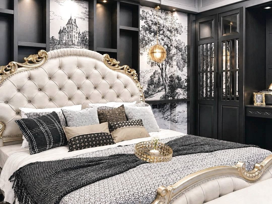 Dharawadi_Poolvilla_Rent_Rdl353_6 Luxurious bedroom with a tufted beige headboard, gold detailing, and a patterned black-white bedding set with multiple throw pillows.