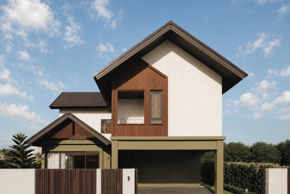 Modern two-story house with white walls, dark wood accents, and a covered carport beneath a steep pitched roof.