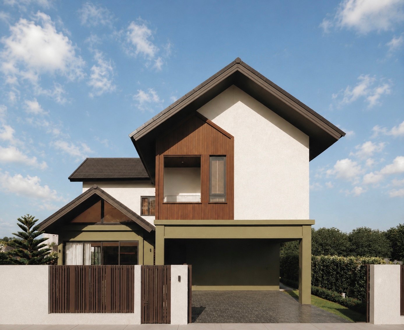 Modern two-story house with white walls, dark wood accents, and a covered carport beneath a steep pitched roof.