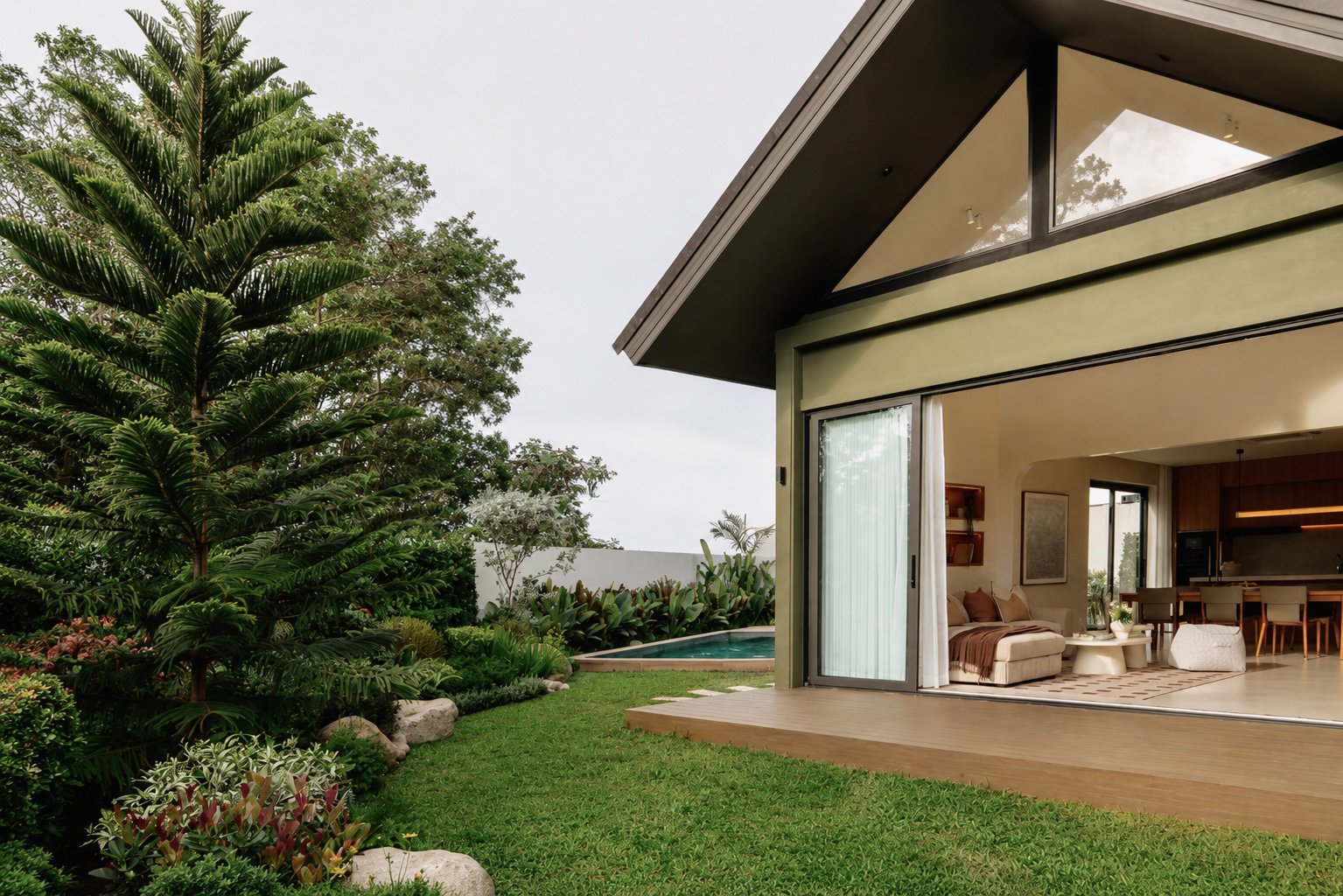 Open sliding glass doors reveal a modern living area with a sofa; a lush garden and pool sit just outside on a sunny day.