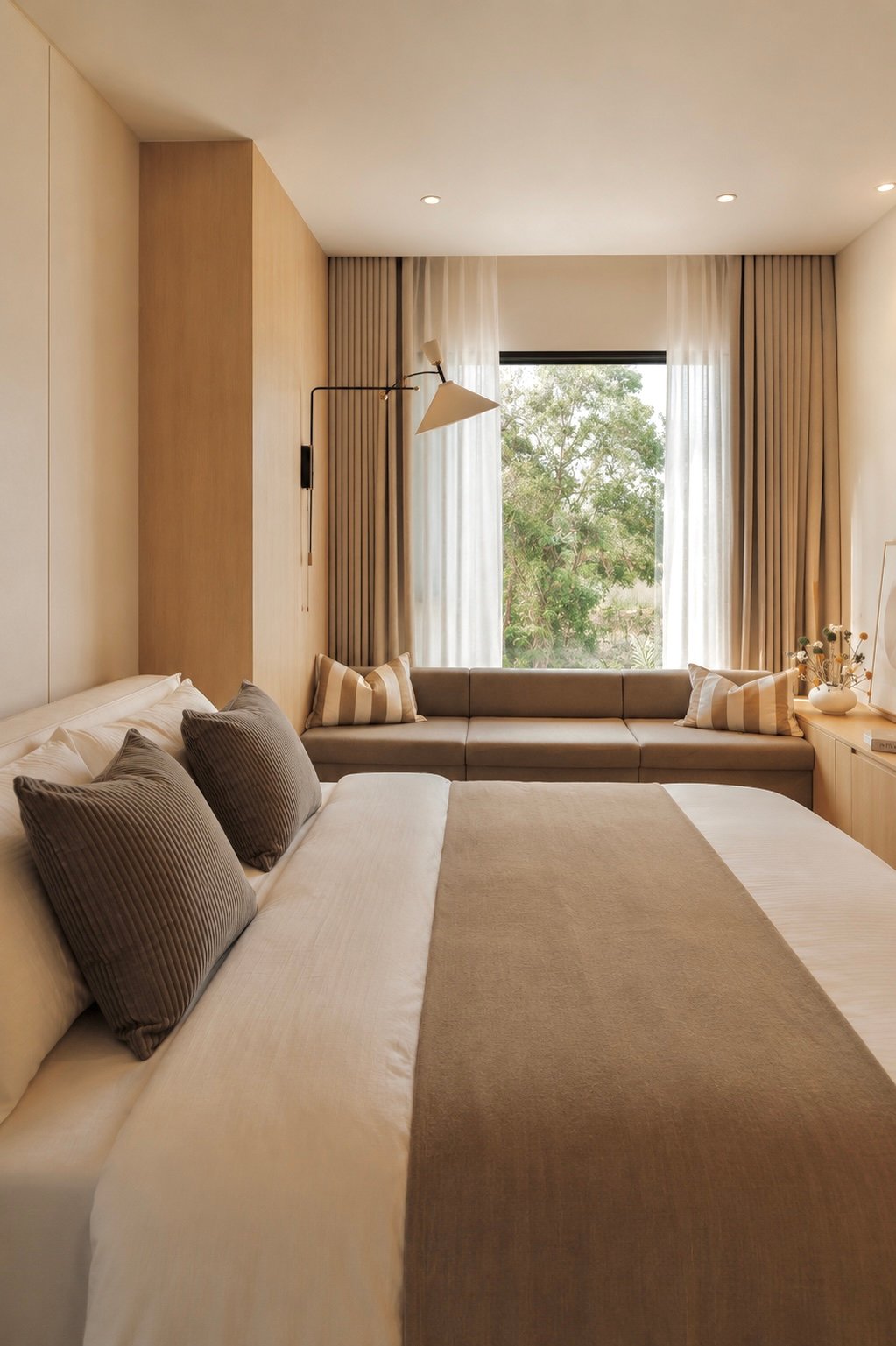 Hotel bedroom with a large bed, gray pillows, and a beige sofa by a window with sheer curtains.