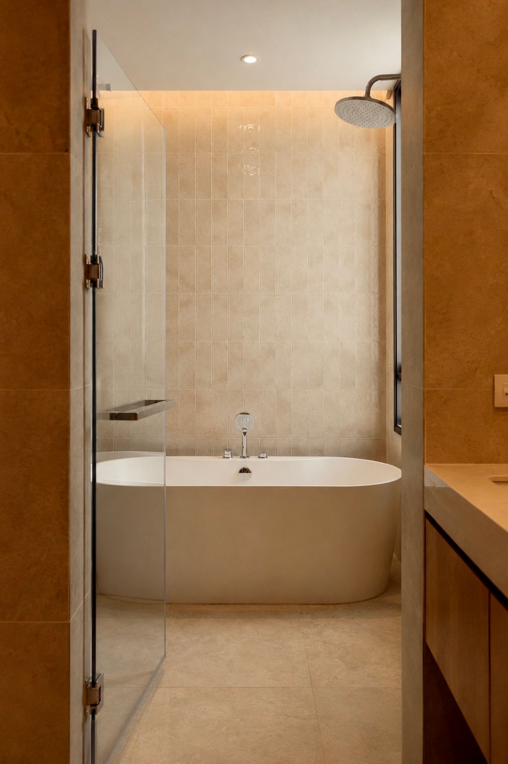 Modern bathroom featuring a freestanding oval tub beneath tiled walls, with a glass shower enclosure and a ceiling-mounted rainfall showerhead.