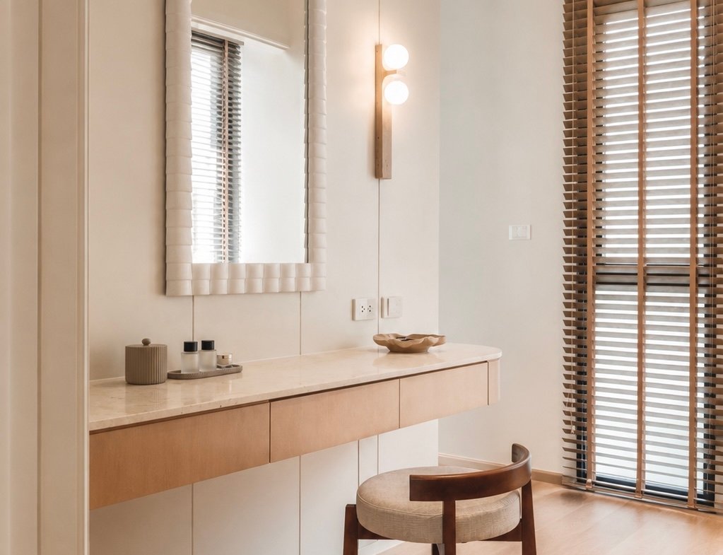Minimalist vanity area with marble countertop, large textured-frame mirror, and wooden stool beside a wall of built-in cabinets.