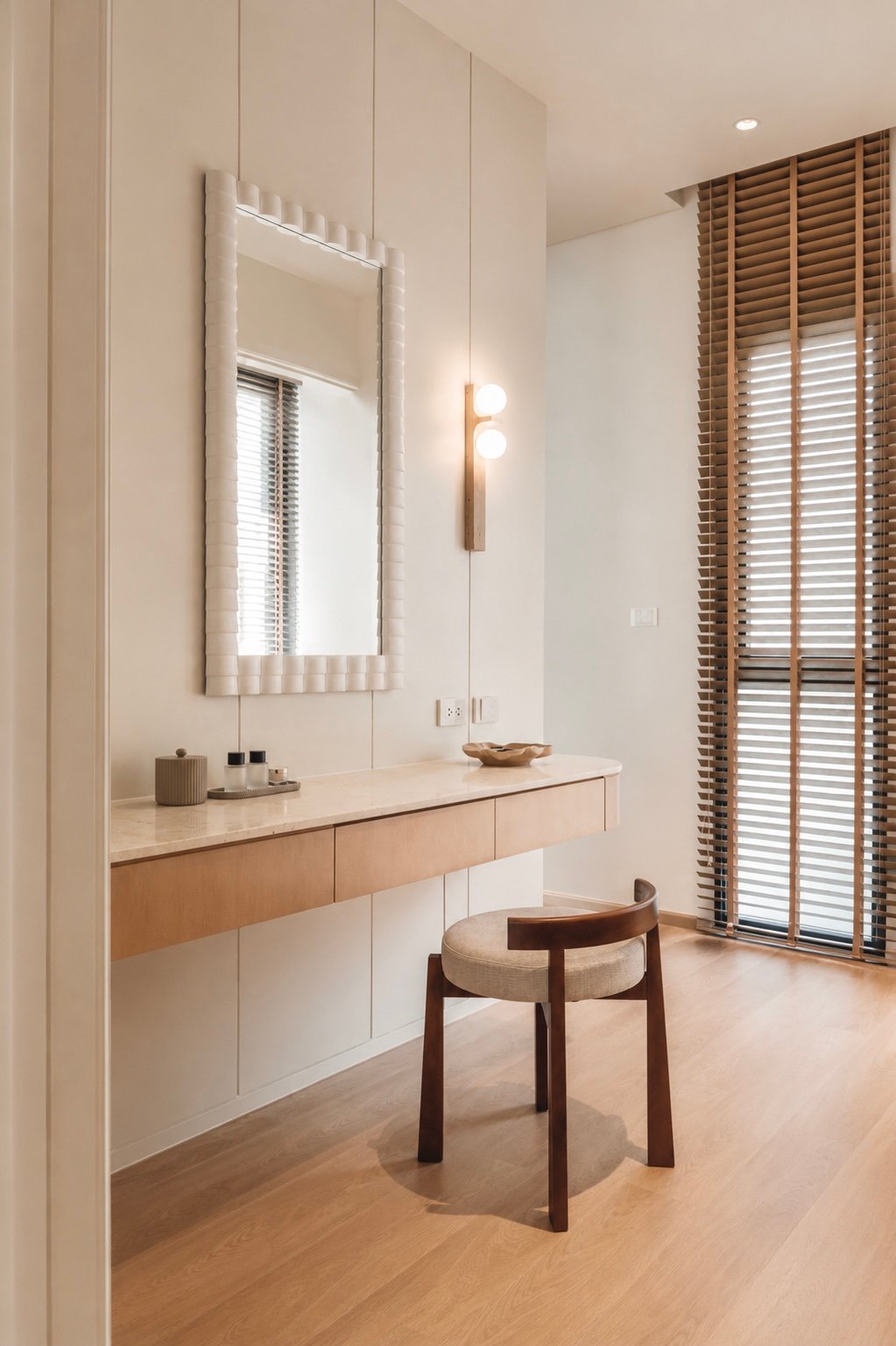 Minimalist vanity area with marble countertop, large textured-frame mirror, and wooden stool beside a wall of built-in cabinets.