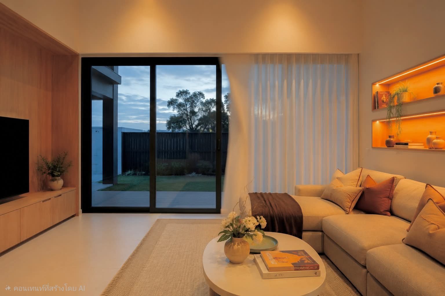 Cozy living room with a beige sectional, orange cushions, and a round coffee table, sliding glass door to a backyard.