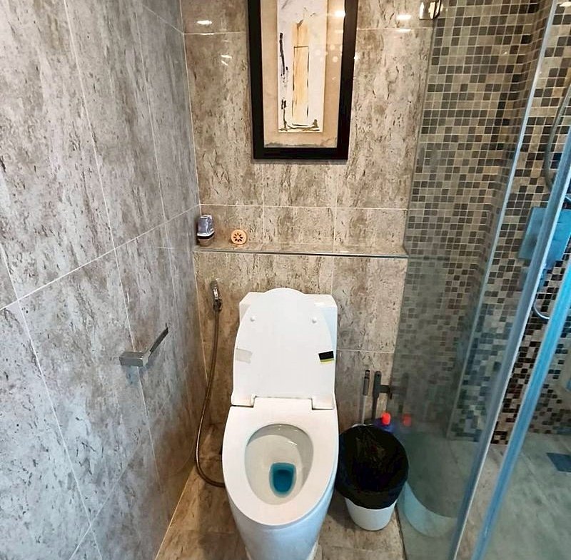 Modern bathroom with white toilet, glass shower enclosure, and framed abstract art above the tank.