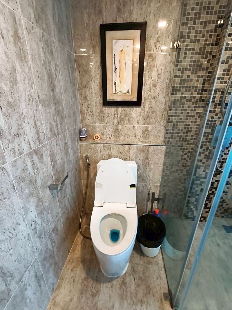 Grand_Avenue_Pattaya_Sale_Dlc641_7 Modern bathroom with white toilet, glass shower enclosure, and framed abstract art above the tank.