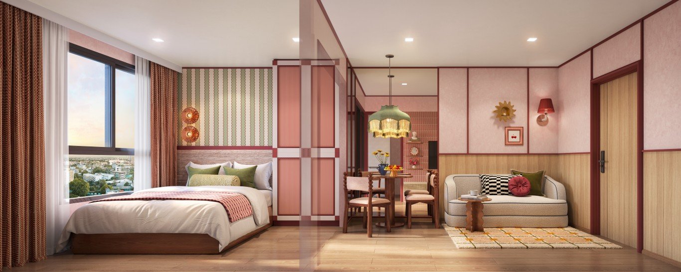 INT_MOCK UP_1B_SECTION_FINAL Spacious hotel suite with a king bed on the left, a round dining table in the center, and a beige sofa on the right, pink wood paneling throughout. (city view through window)