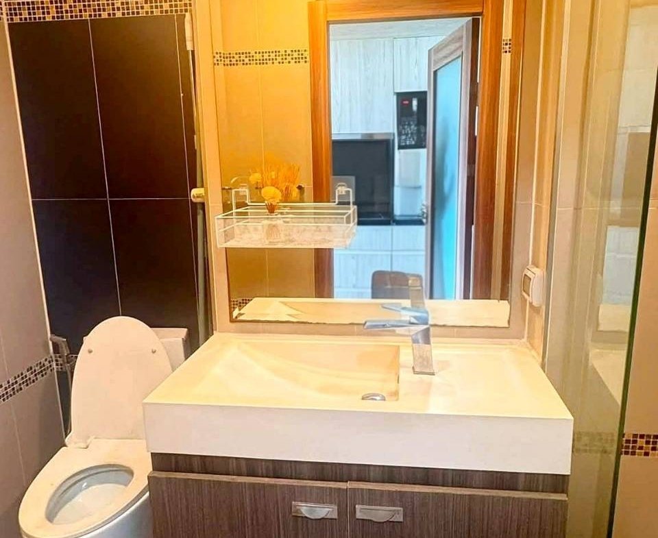 Bathroom with a dark wood vanity, white rectangular sink, and large mirror; toilet visible on the left.