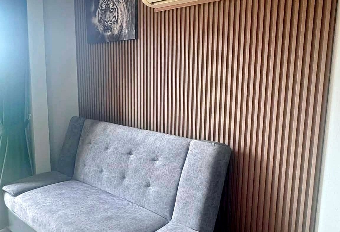Gray fabric sofa against a vertical wood-slatted wall, with a white wall AC unit above and a tiger artwork nearby.