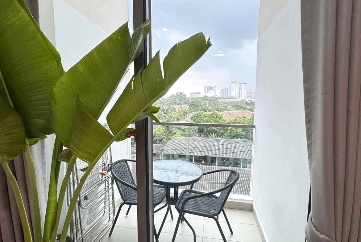 Indoor living room with a large leafy plant near a sliding glass door opening to a balcony with a round metal table and chairs outside, urban skyline in distance.