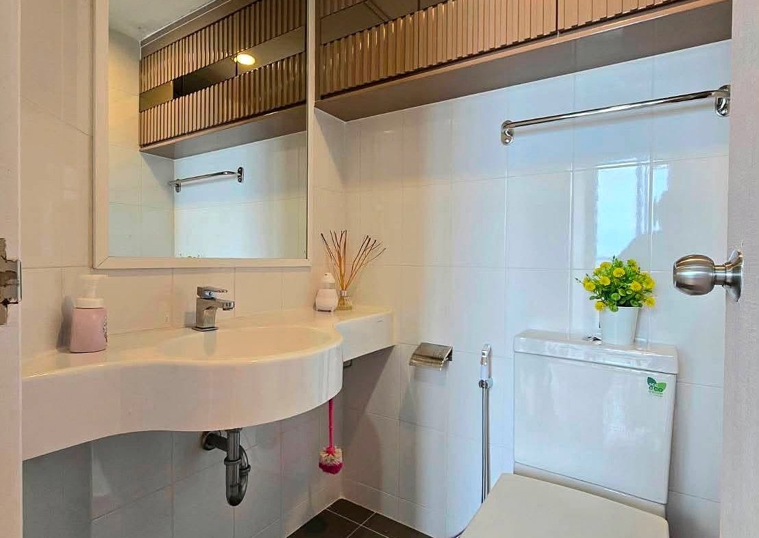 Bright modern bathroom with a white sink, large mirror, and wall cabinet above; toilet to the right and a small plant on the tank.