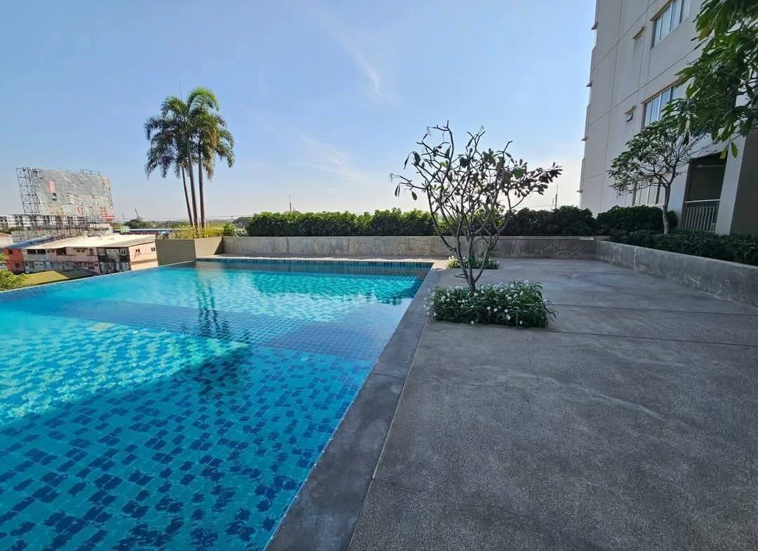 Rooftop swimming pool with blue-tiled water, bordered by a concrete deck, palm trees, and a white building in the background.