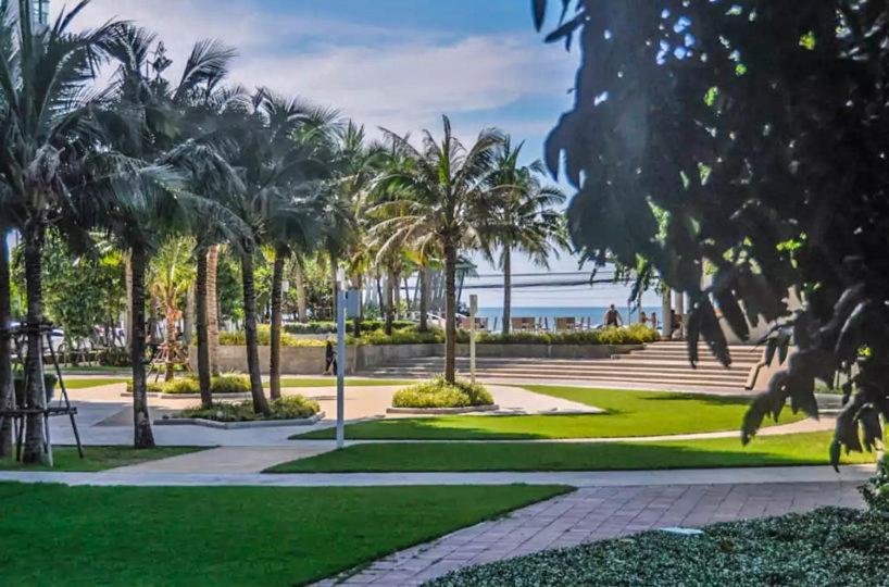 Sunlit seaside park with palm trees, paved paths, and a distant ocean view by a boardwalk area.