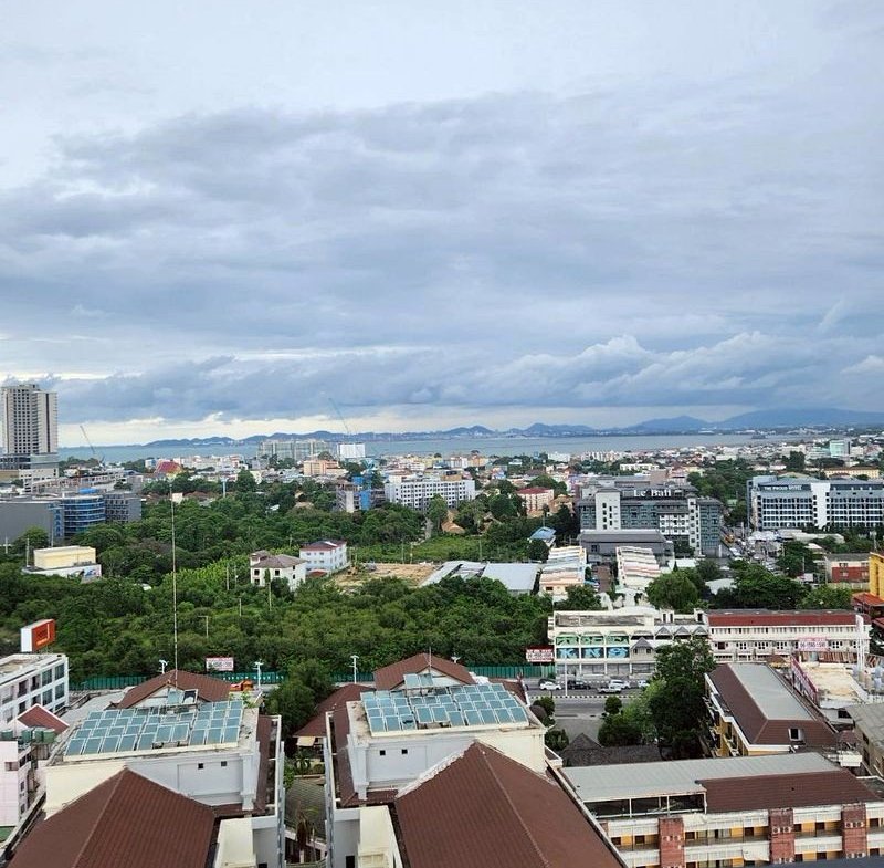 Aerial view of a city with red-roofed buildings in the foreground, green trees, and a cloudy distant skyline.