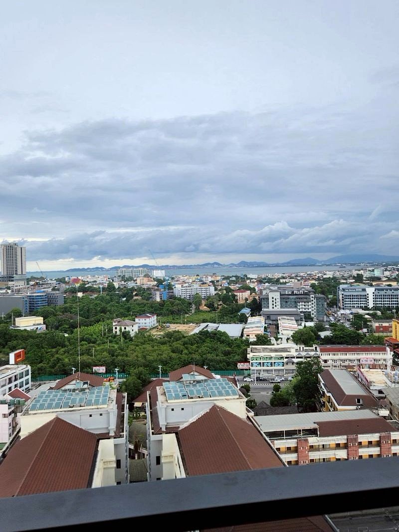 Aerial view of a city with red-roofed buildings in the foreground, green trees, and a cloudy distant skyline.