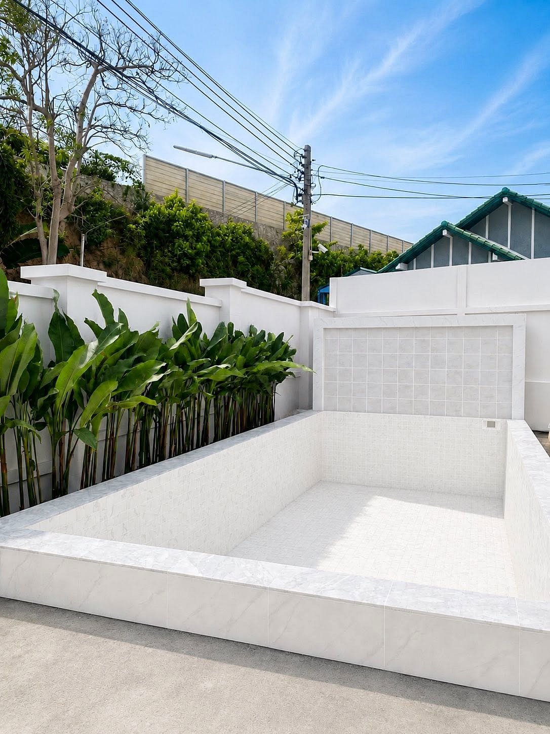 Empty white-tiled rectangular pool with a surrounding white wall and tall green plants on the left.