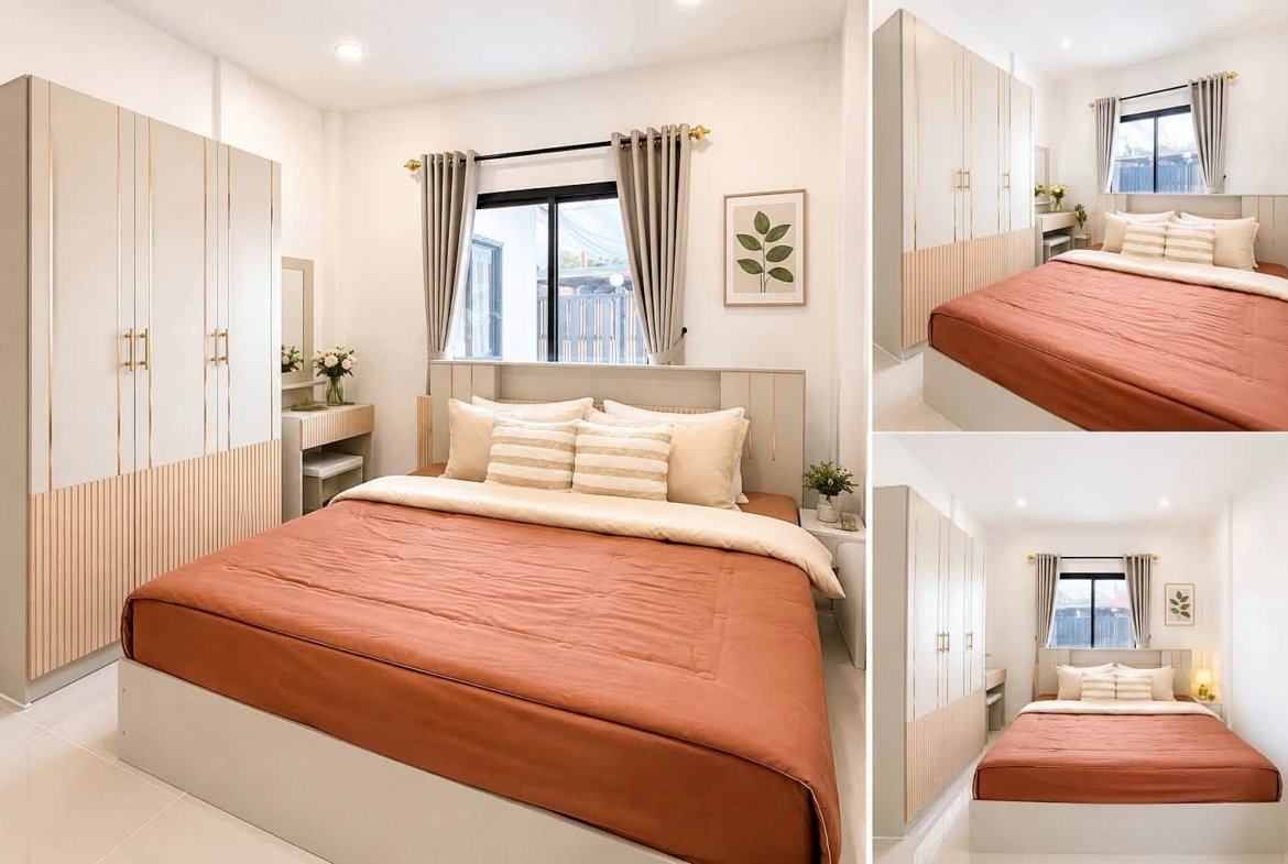 Bright modern bedroom with a coral duvet, white-and-beige wardrobes, and a window with gray curtains.