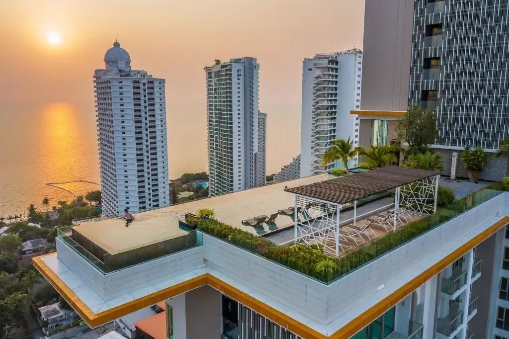 Rooftop terrace with lounge chairs and a wooden pergola overlooking high-rise buildings and a sunset over the sea.